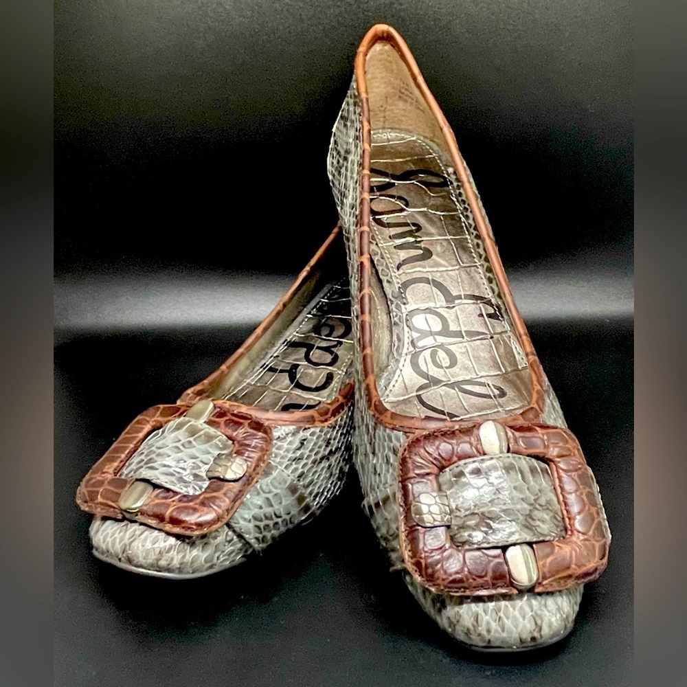 Sam Edelman, Hadley270, Kitten Heel, Crm/Brn Reptile w/Brn Trim & Lg Buckle, 7.5